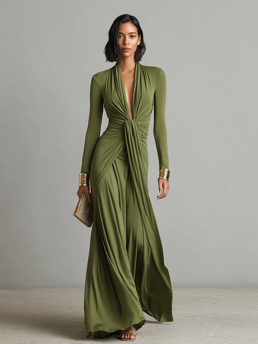 Sofia | Olive Silk Maxi Dress Deep V-Neck