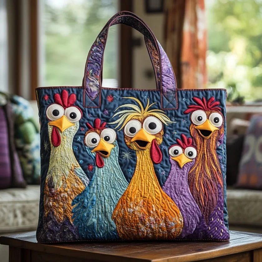 Quilted Tote - Five Colourful Chickens
