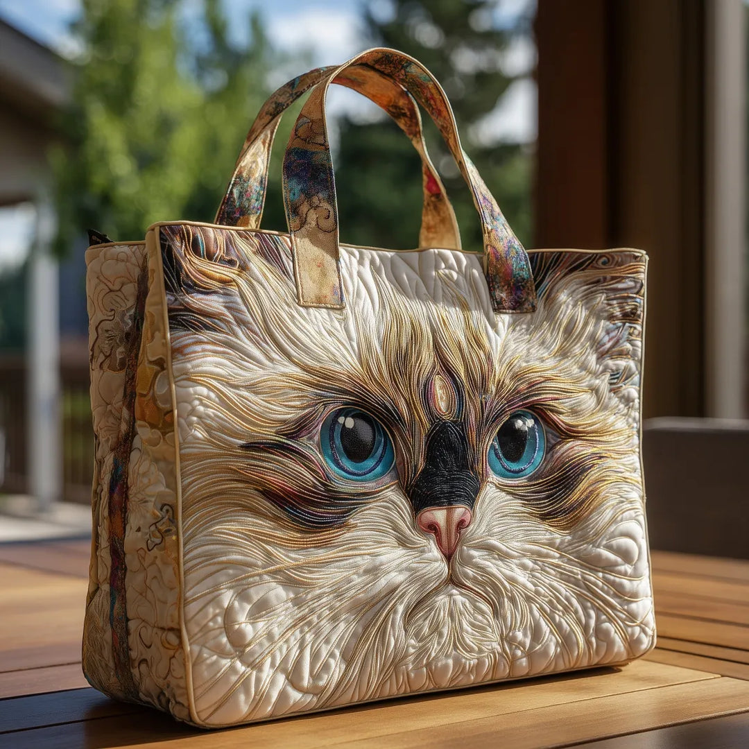 Quilted Tote - White Cat with Blue Eyes