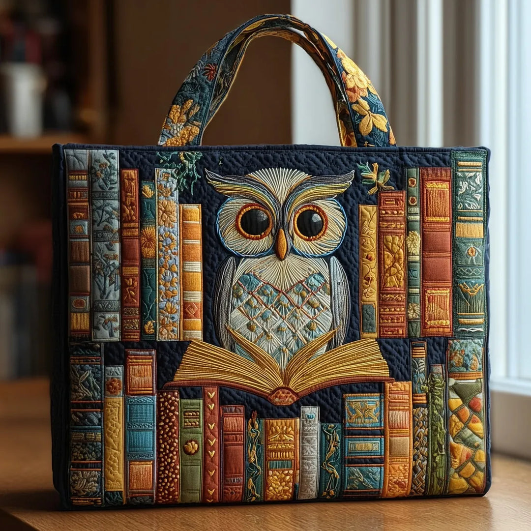 Quilted Tote - Owl and Antique Books