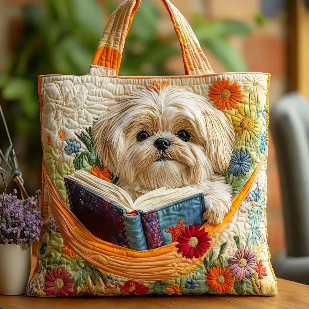 Quilted Tote - Shih Tzu with Books and Flowers