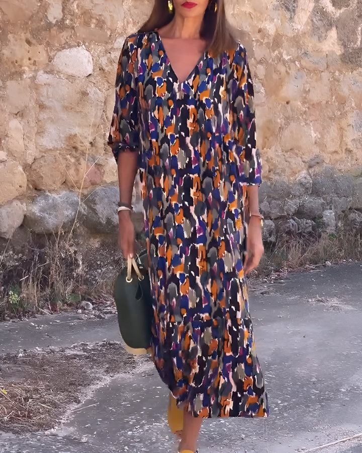 Nathalie | Vintage Print V-Neck Dress