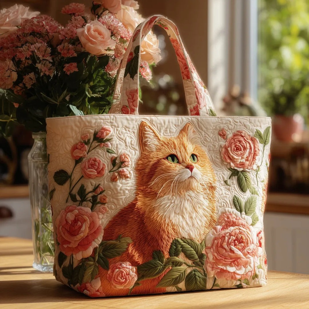 Quilted Tote - Ginger Cat with Roses