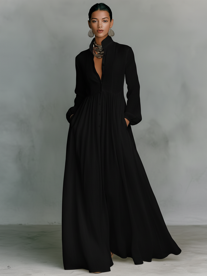 Zoey | Patchwork Cotton Linen Maxi Dress with Stand Collar