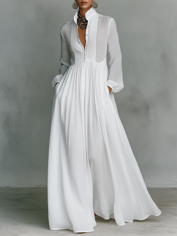 Zoey | Patchwork Cotton Linen Maxi Dress with Stand Collar