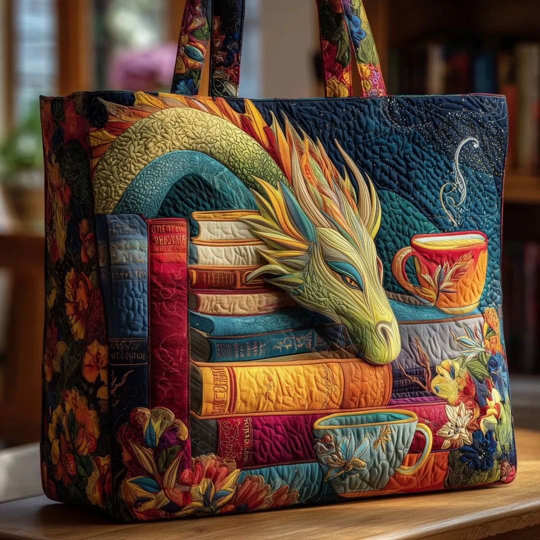 Quilted Tote - Dragon Reader with Books and Mugs