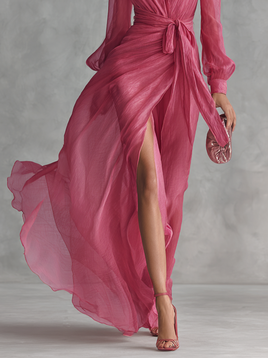 Mia | Pink Chiffon Maxi Dress V-Neck