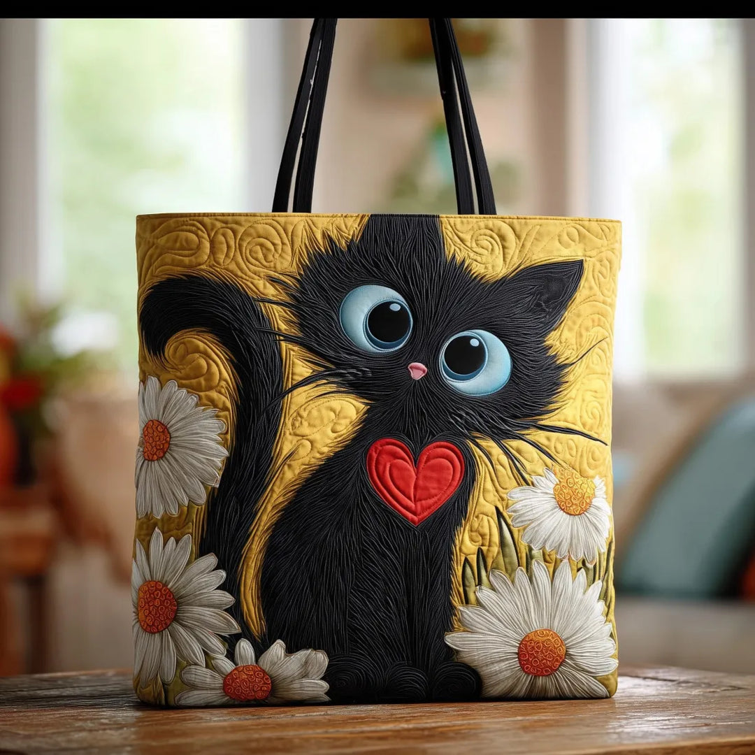Quilted Tote - Black Cat with Daisies