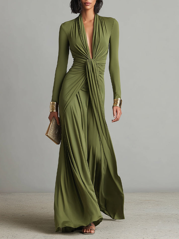 Sofia | Olive Silk Maxi Dress Deep V-Neck