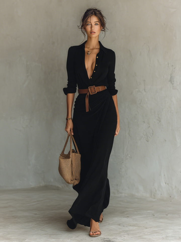 Marie | Maxi Dress with Notched Collar and Long Sleeves