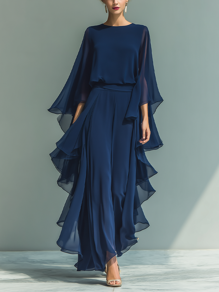 Clara | Navy Blue Chiffon Set with Ruffled Pants