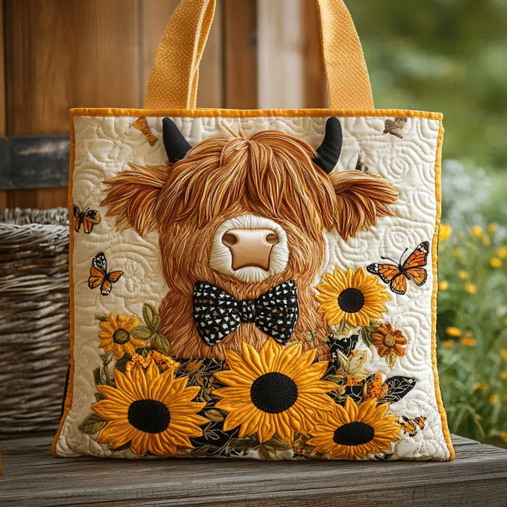 Quilted Tote - Highland Cow with Sunflowers