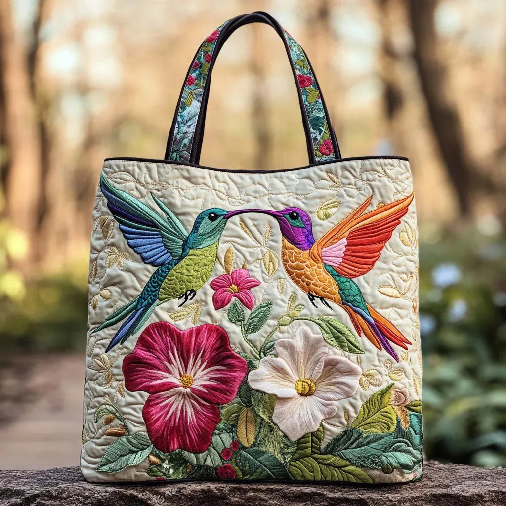 Quilted Tote - Hummingbird and White Flowers