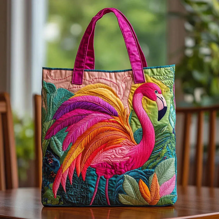 Quilted Tote - Rainbow Flamingo