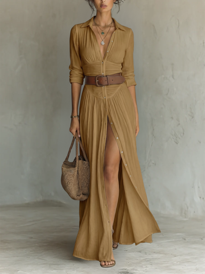 Paula | Linen Maxi Dress with Notched Collar and Long Sleeves