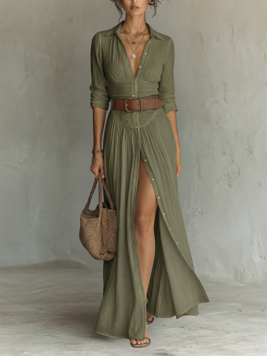 Paula | Linen Maxi Dress with Notched Collar and Long Sleeves