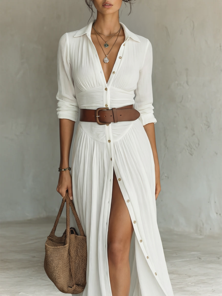 Anna | White Linen Pleated Maxi Dress