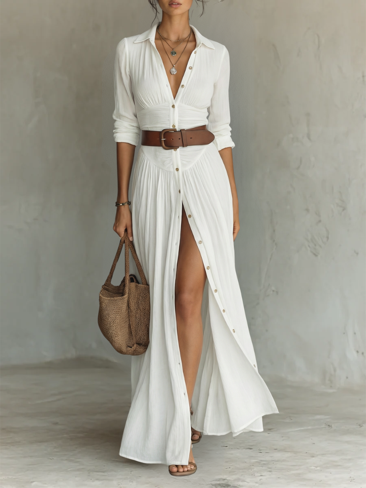 Paula | Linen Maxi Dress with Notched Collar and Long Sleeves