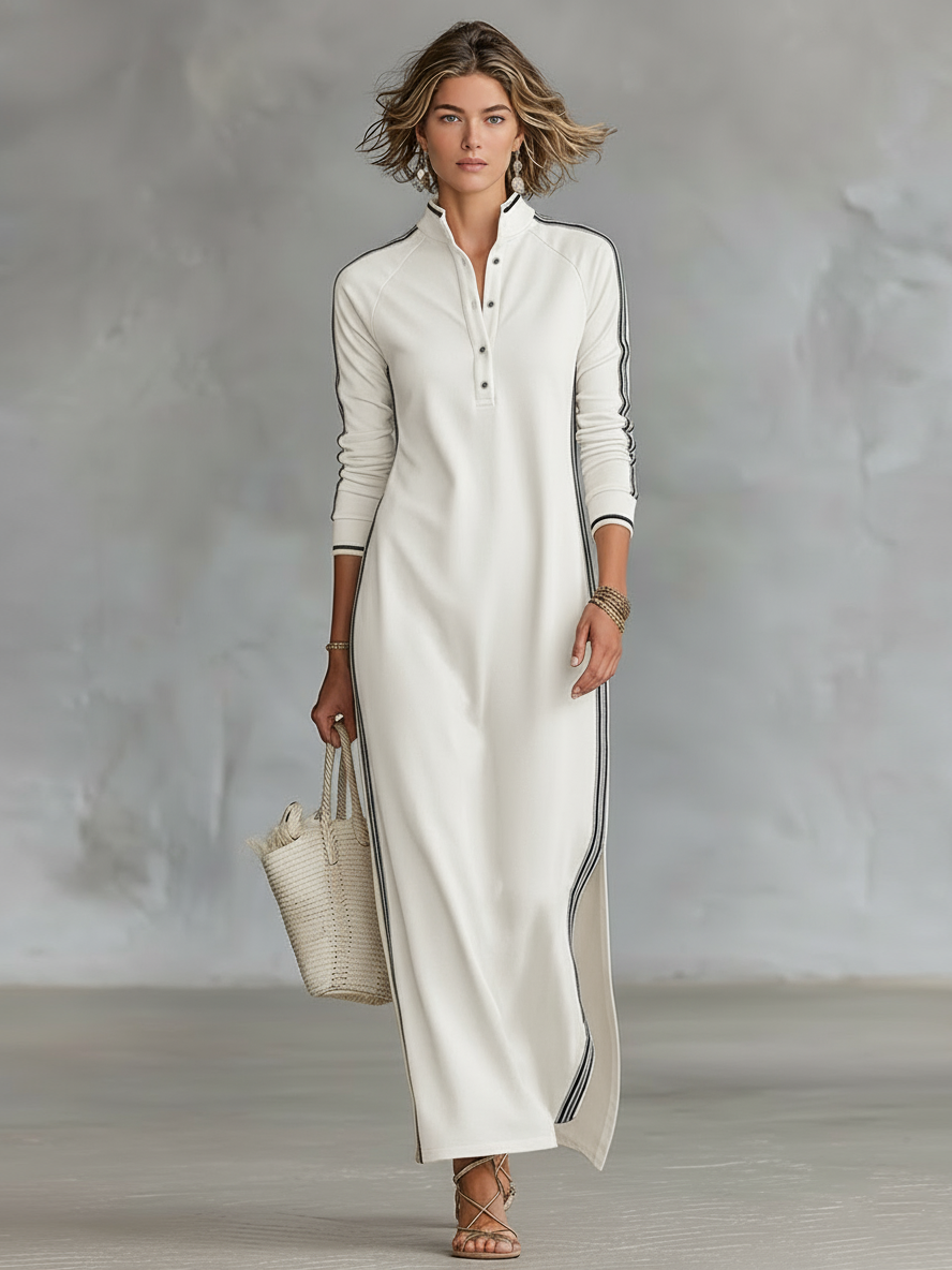 Laura | Sweat Maxi Dress Button Collar White Hem