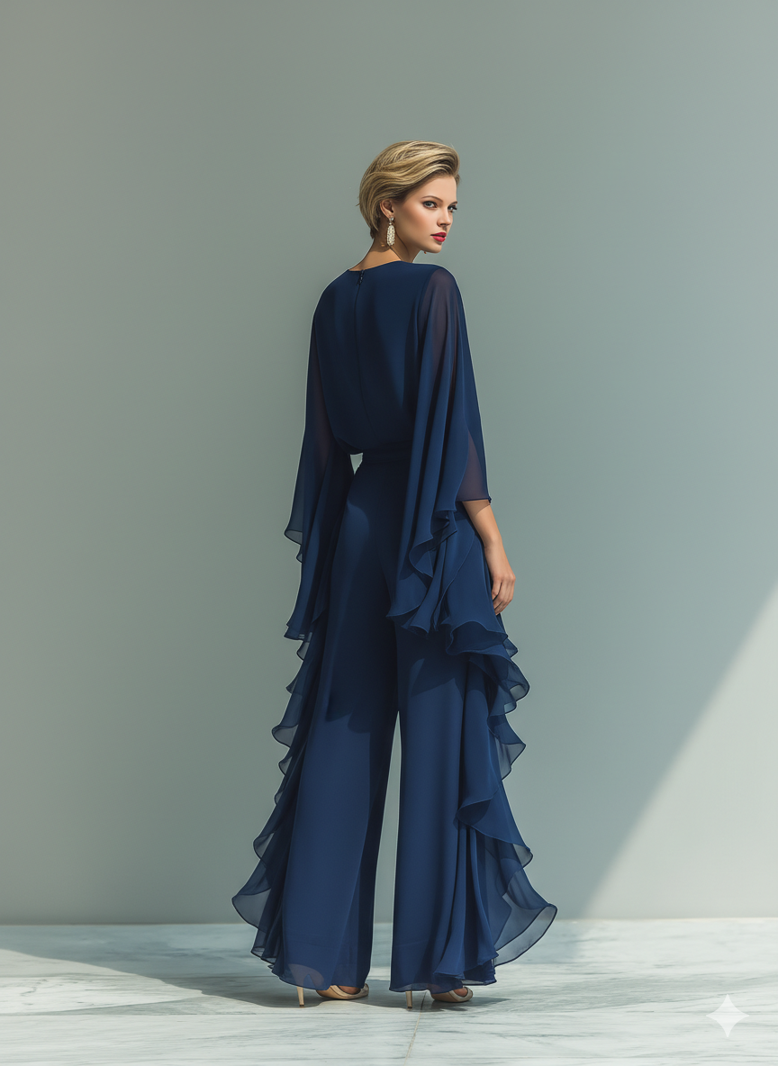 Clara | Navy Blue Chiffon Set with Ruffled Pants