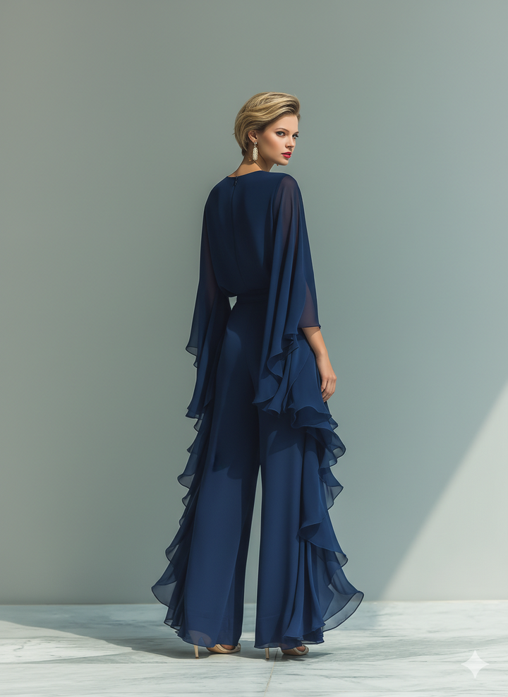 Clara | Navy Blue Chiffon Set with Ruffled Pants