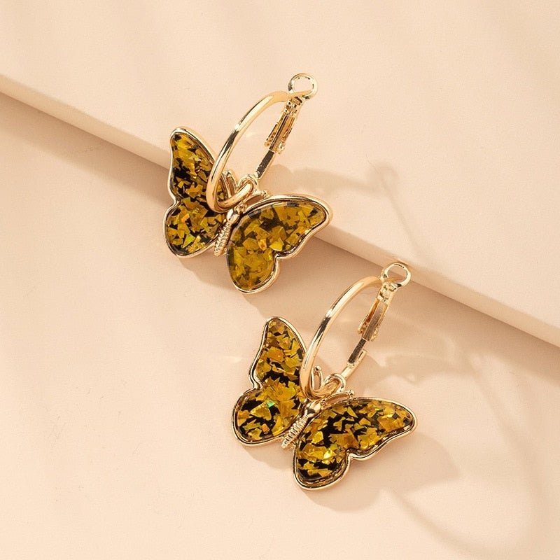 Gold Hoop Earrings with Multicoloured Butterflies