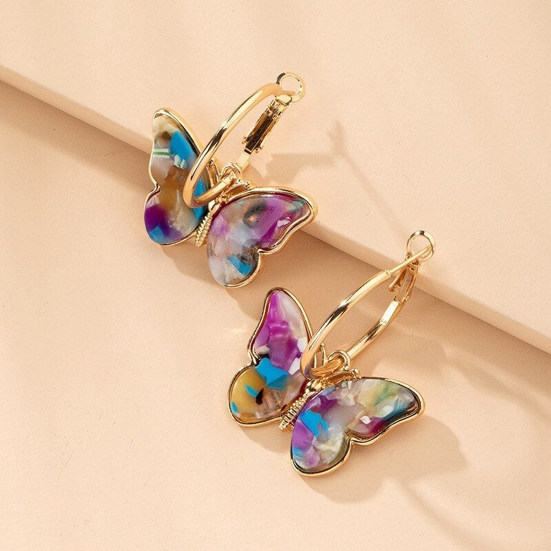 Gold Hoop Earrings with Multicoloured Butterflies