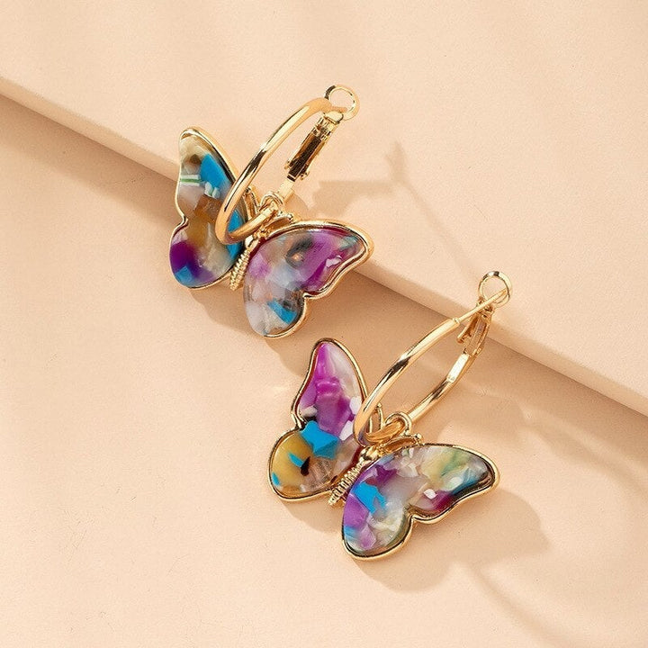 Gold Hoop Earrings with Multicoloured Butterflies