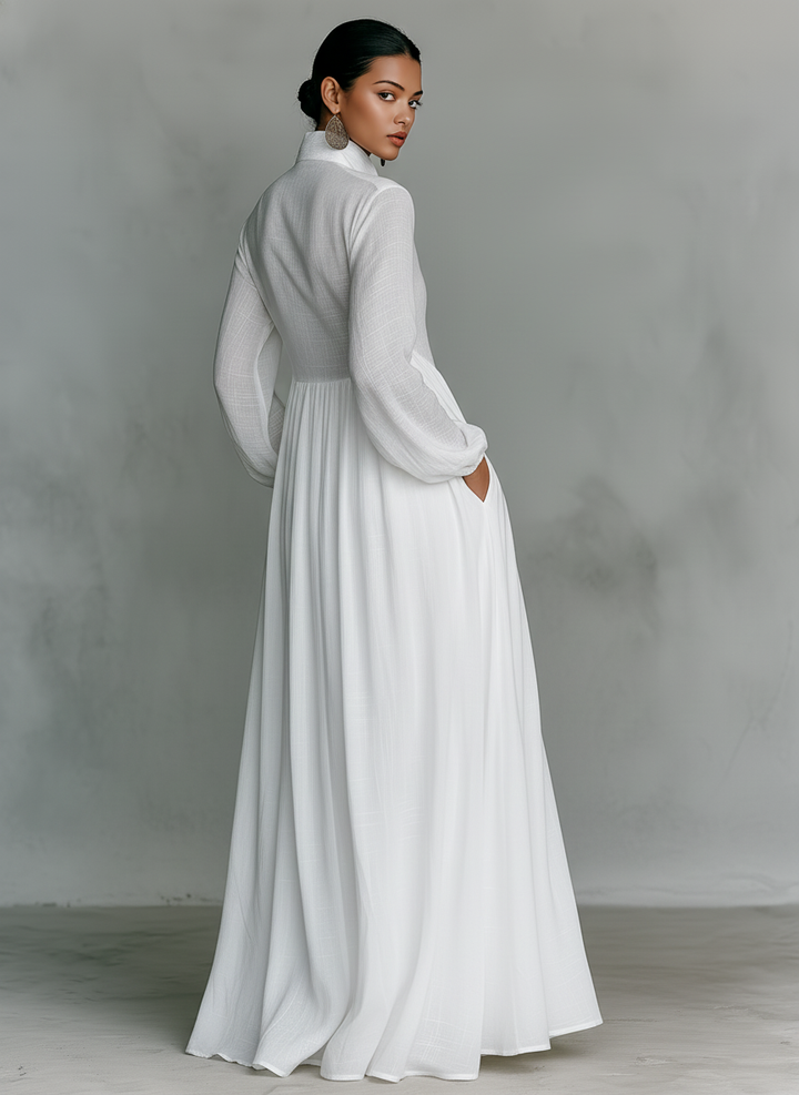 Zoey | Patchwork Cotton Linen Maxi Dress with Stand Collar