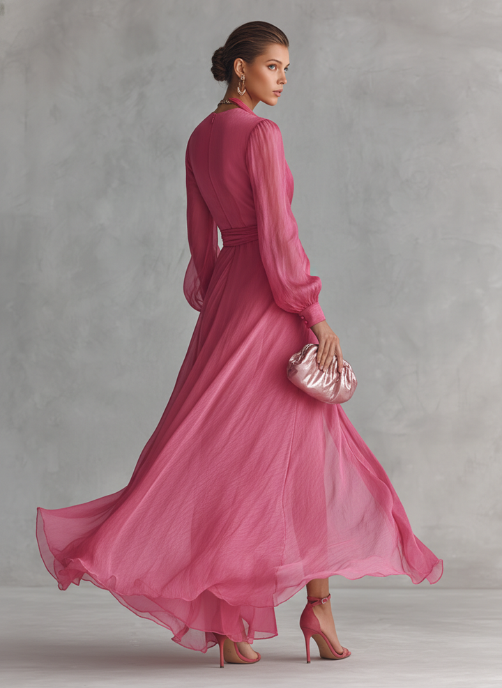 Mia | Pink Chiffon Maxi Dress V-Neck