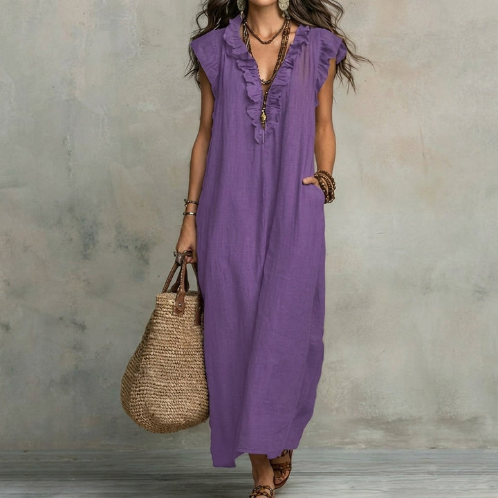 Josefina™ | Long linen-textured dress with a V-neck and ruffles
