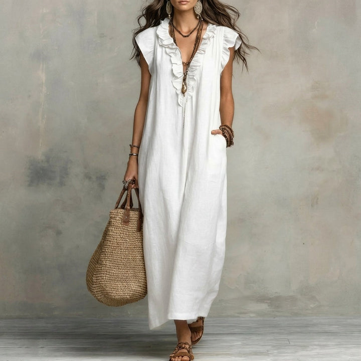 Josefina™ | Long linen-textured dress with a V-neck and ruffles