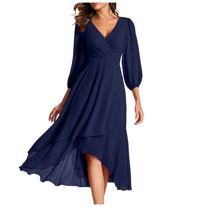 VITTORIA | Elegant dress with asymmetric hem and flowing sleeves. Refined look for any occasion