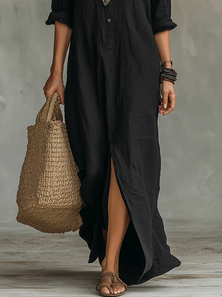 Soline™ | Maxi Black Dress with Buttons