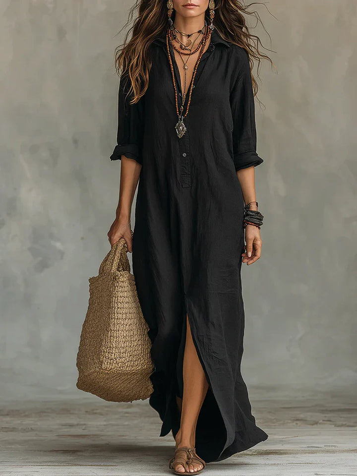 Selena™ | Black Flowy Maxi Dress with Buttons
