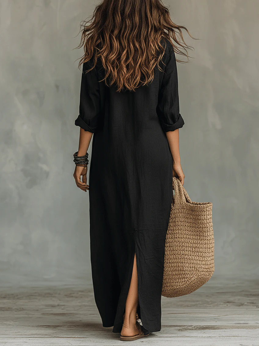 Maxi Black Dress with Buttons | Soline™