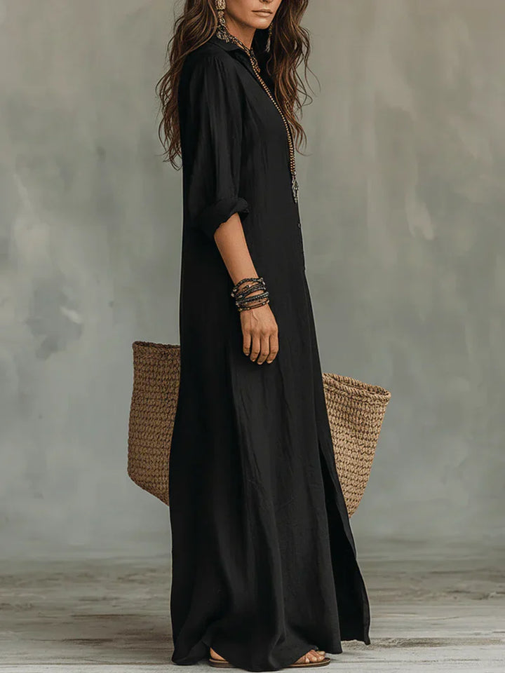 Selena™ | Black Flowy Maxi Dress with Buttons