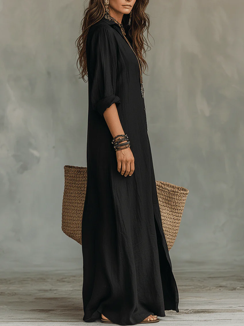 Maxi Black Dress with Buttons | Soline™