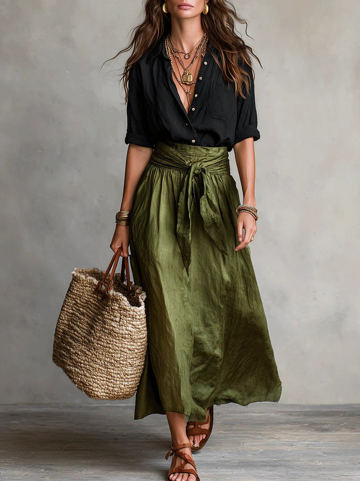 Vera™ | Set of two pieces: black t-shirt and olive green midi skirt