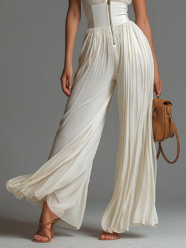 ESSENTIAL – White Pleated Chiffon Jumpsuit for Women