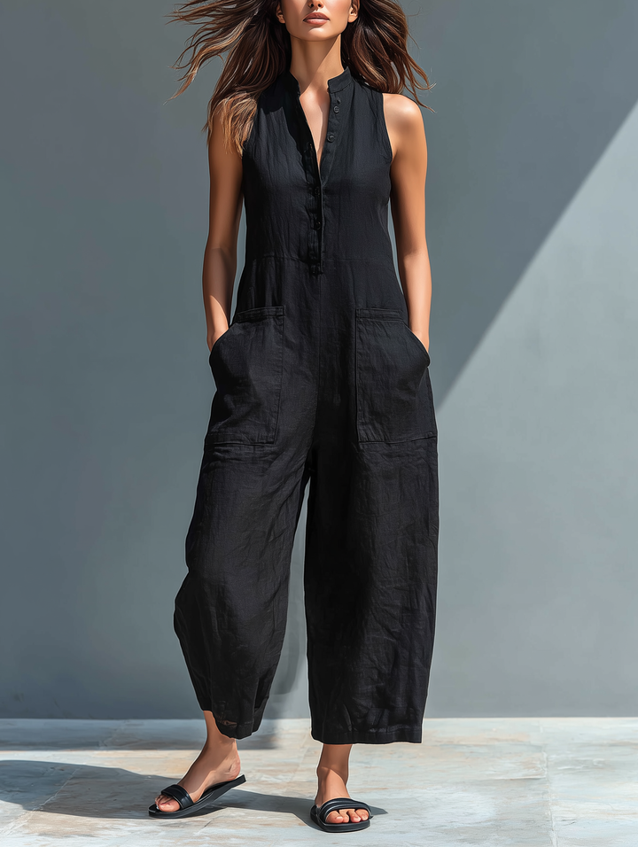 Julia | Sleeveless Linen Overall with Button Placket