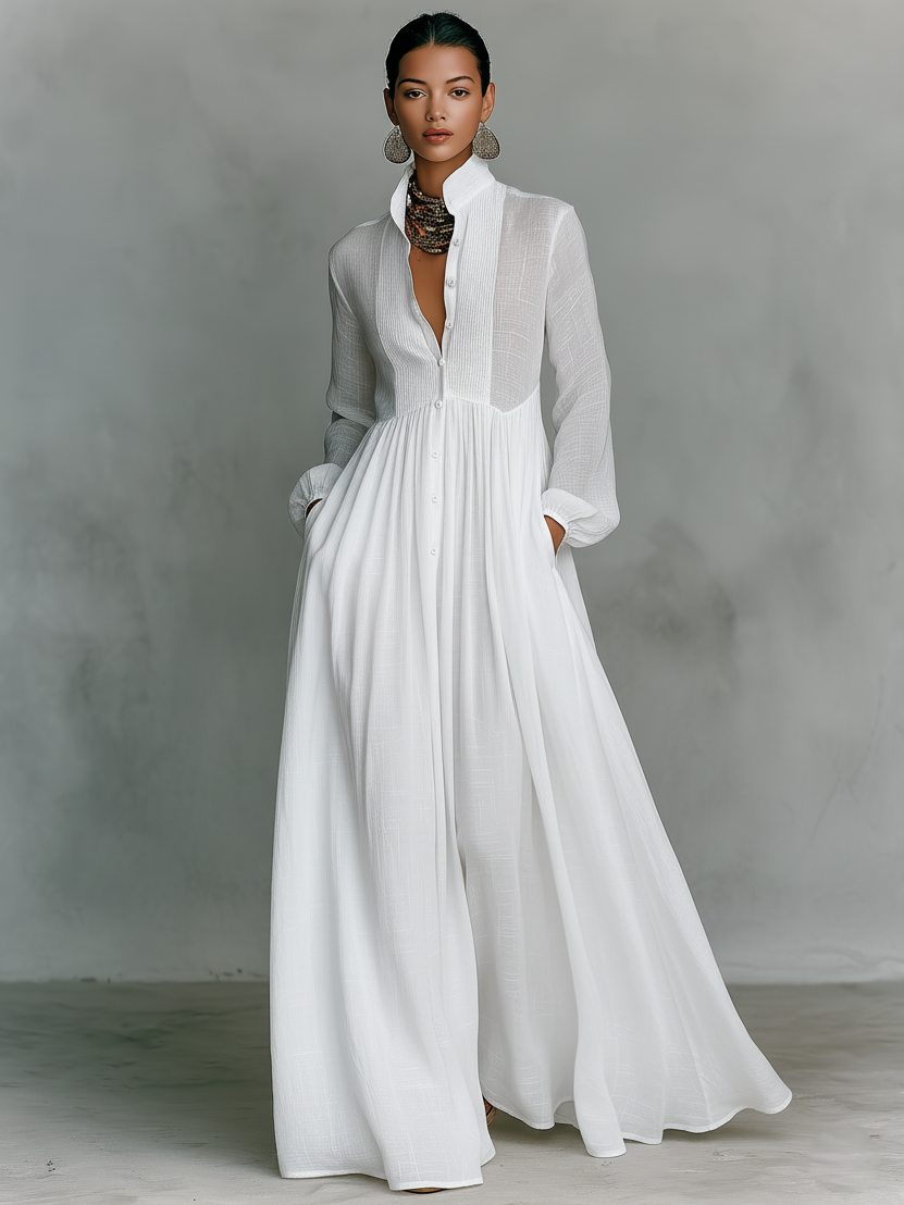 Zoey | Patchwork Cotton Linen Maxi Dress with Stand Collar