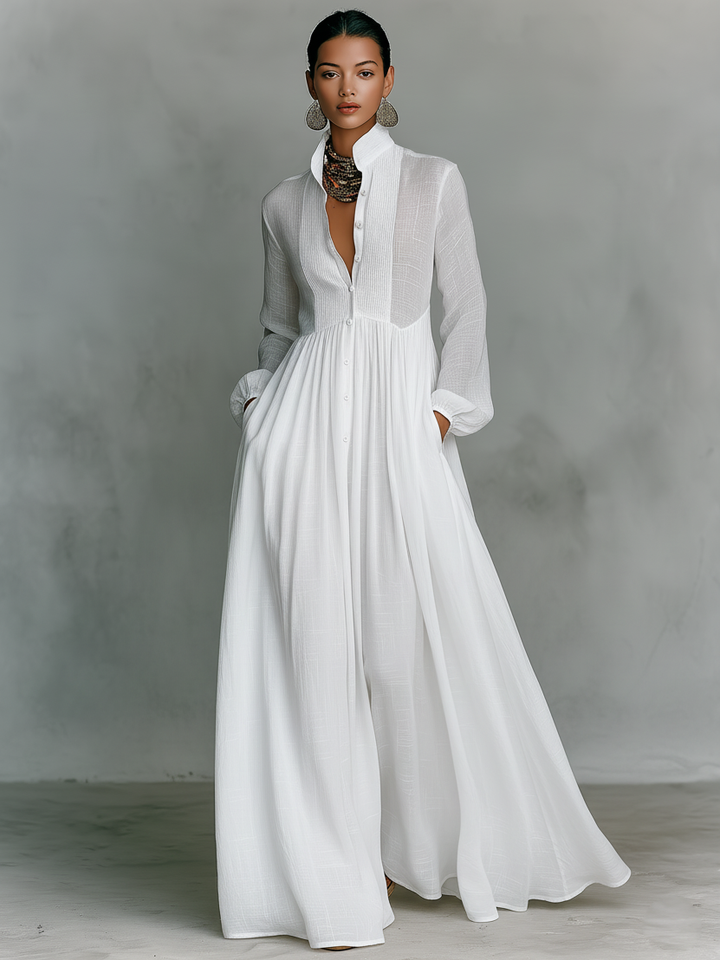 Zoey | Patchwork Cotton Linen Maxi Dress with Stand Collar