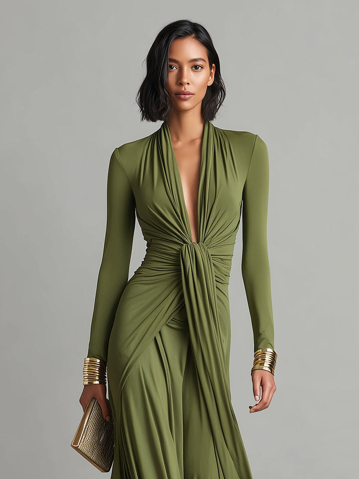 Sofia | Olive Silk Maxi Dress Deep V-Neck