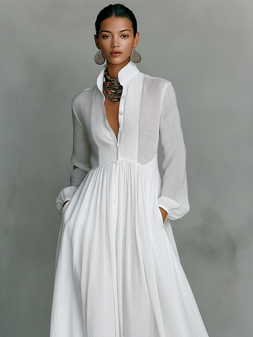 Zoey | Patchwork Cotton Linen Maxi Dress with Stand Collar