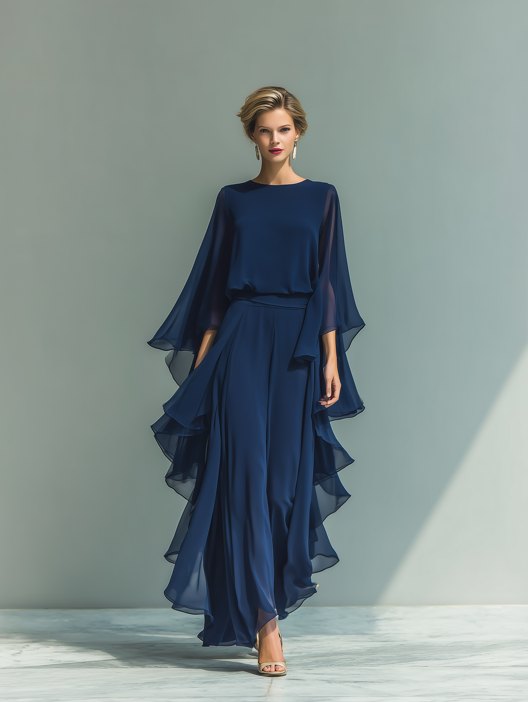 Clara | Navy Blue Chiffon Set with Ruffled Pants