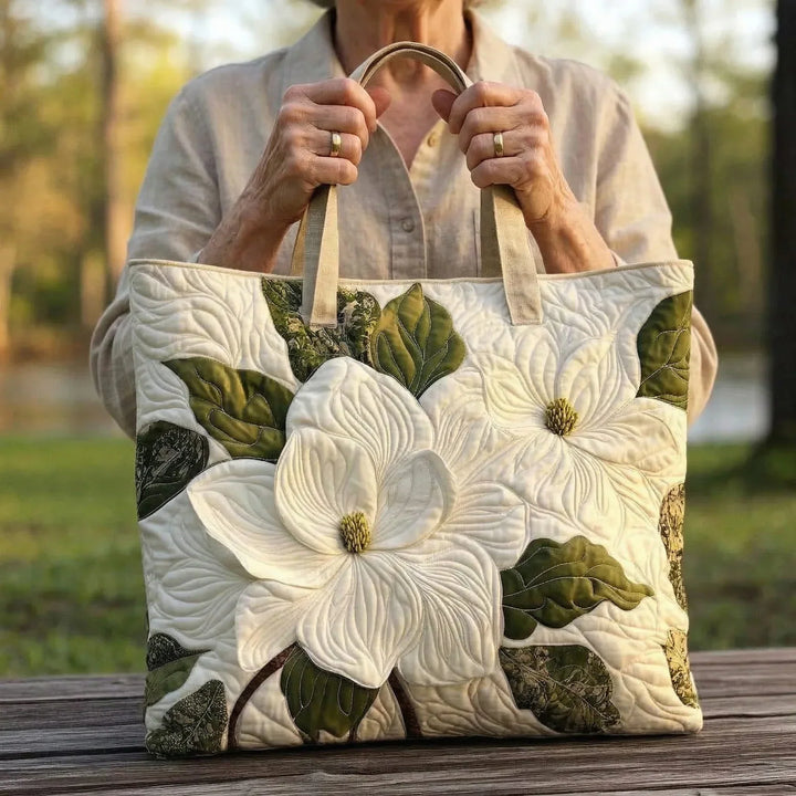 Quilted Tote - Elegant White Lilies