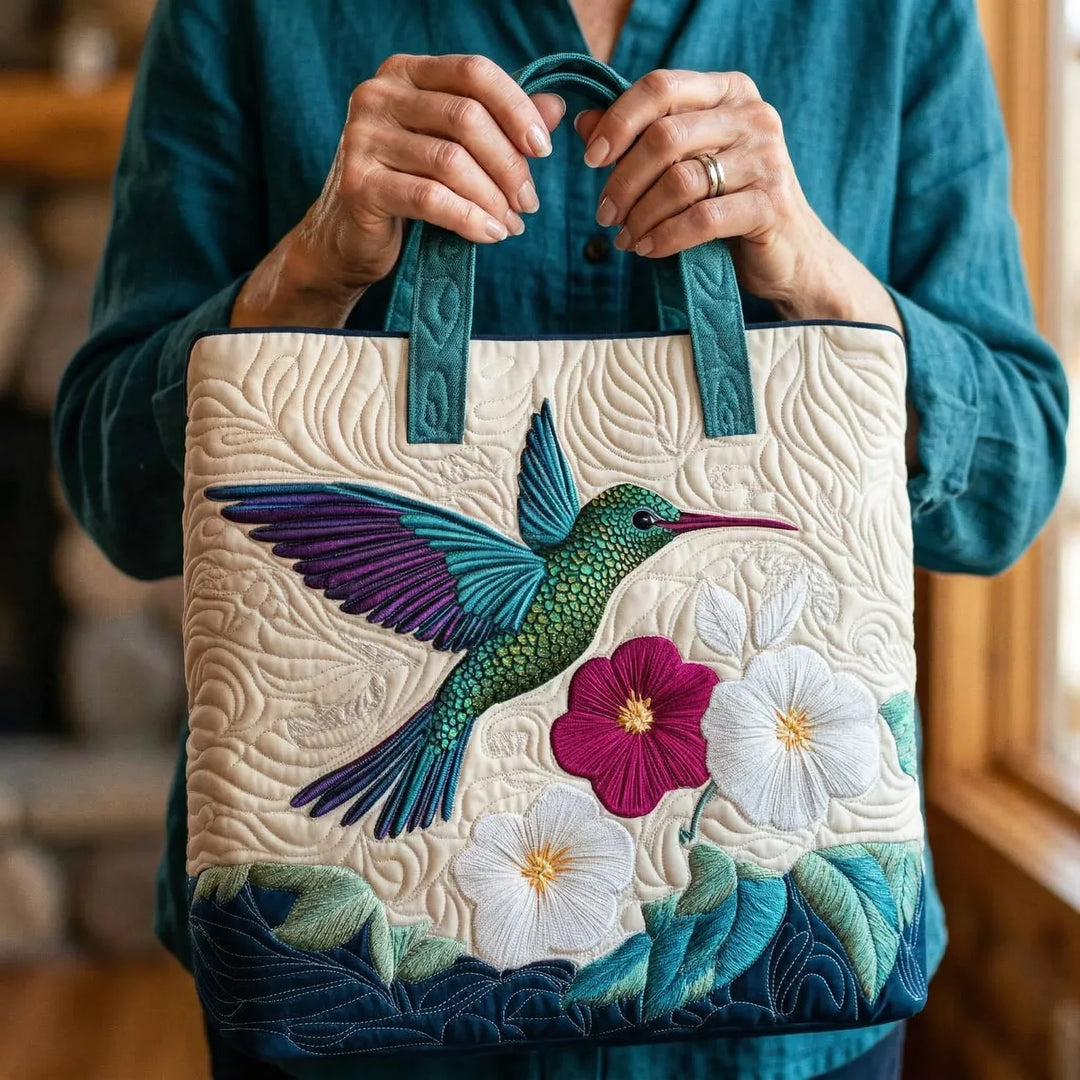 Quilted Tote - Hummingbird and White Flower